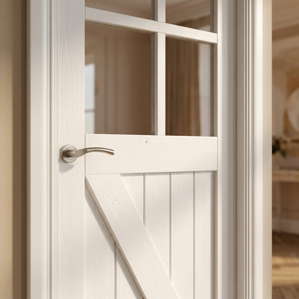Made-to-Measure White Internal Barn Door with 4 Light Obscure Glass, Primed Finish - detail view