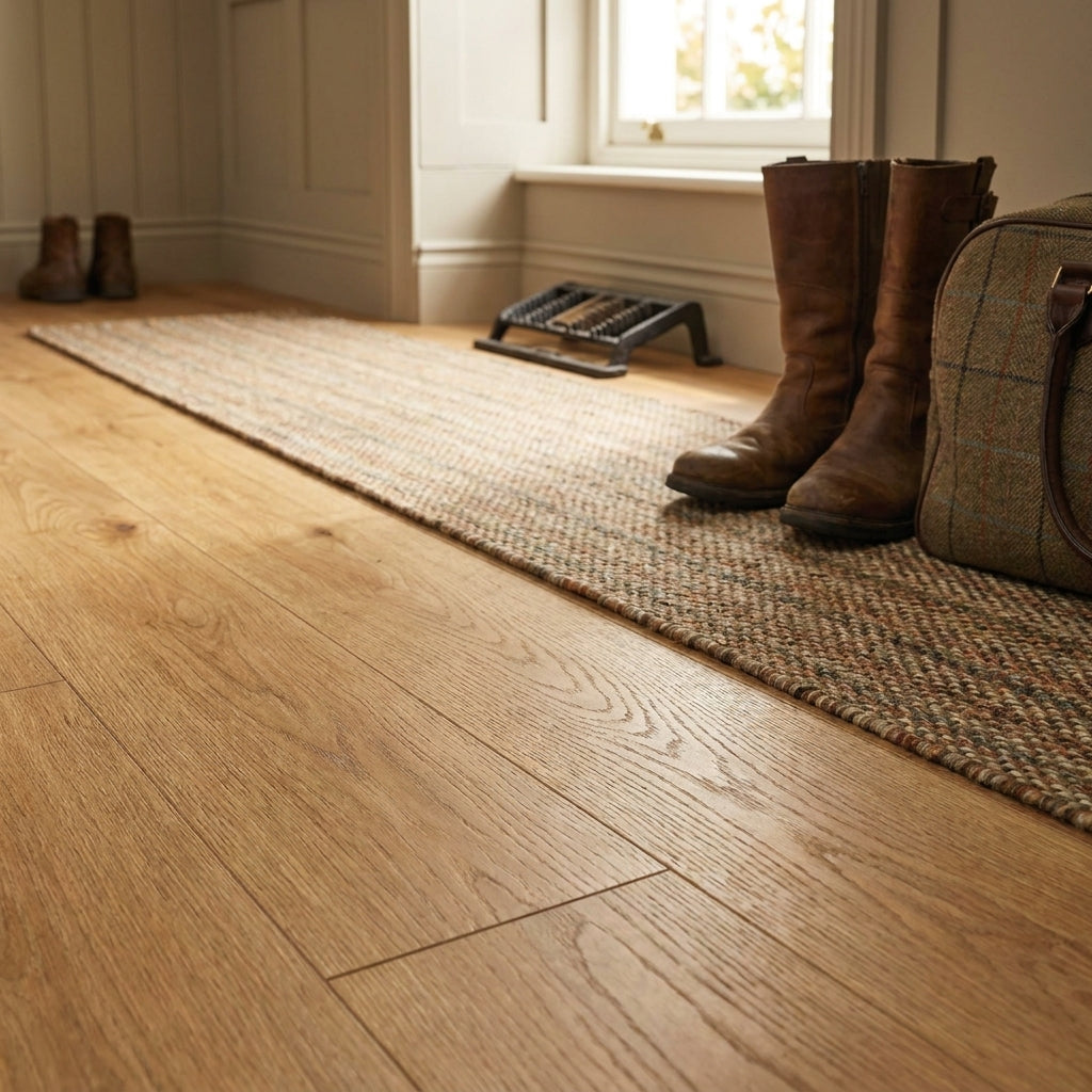 8mm Water-Resistant Laminate Flooring with 4V Bevel Edge in Oak Finish - detail view