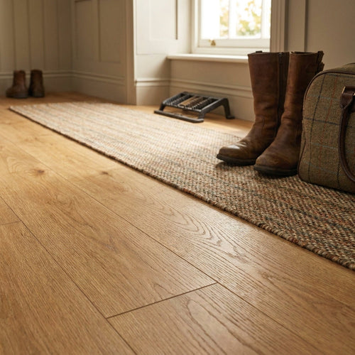 8mm Water-Resistant Laminate Flooring with 4V Bevel Edge in Oak Finish - detail view