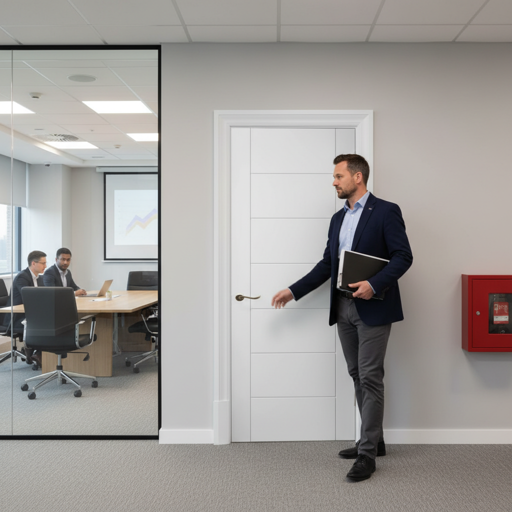 Premium 7 Panel Laminate Fire Door with Modern White Finish and Trimming Options