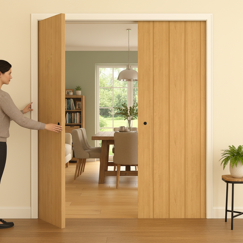 Premium Oak Double Pocket Door Set with Solid Core and Galvanised Steel Frame for Elegant Space Solutions