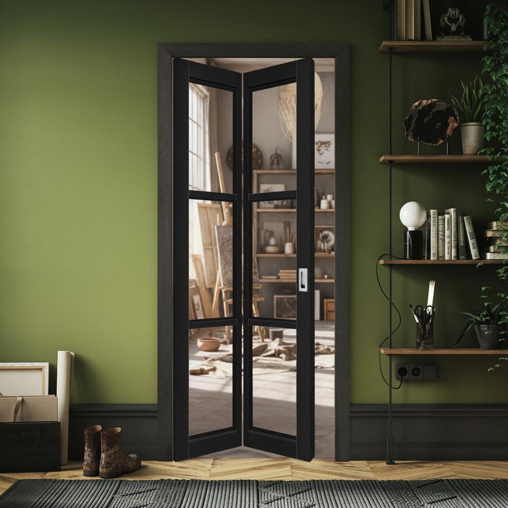 Premium Industrial Studio 3 Light Clear Glass Bi-fold Door with Jet Black Frame for Modern Interiors