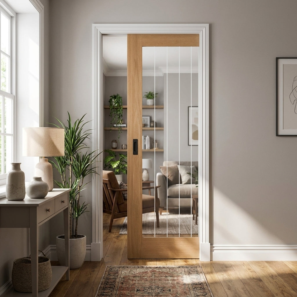Internal Oak Pocket Door Set Unfinished 1 Light Obscure Lined Glass 100mm