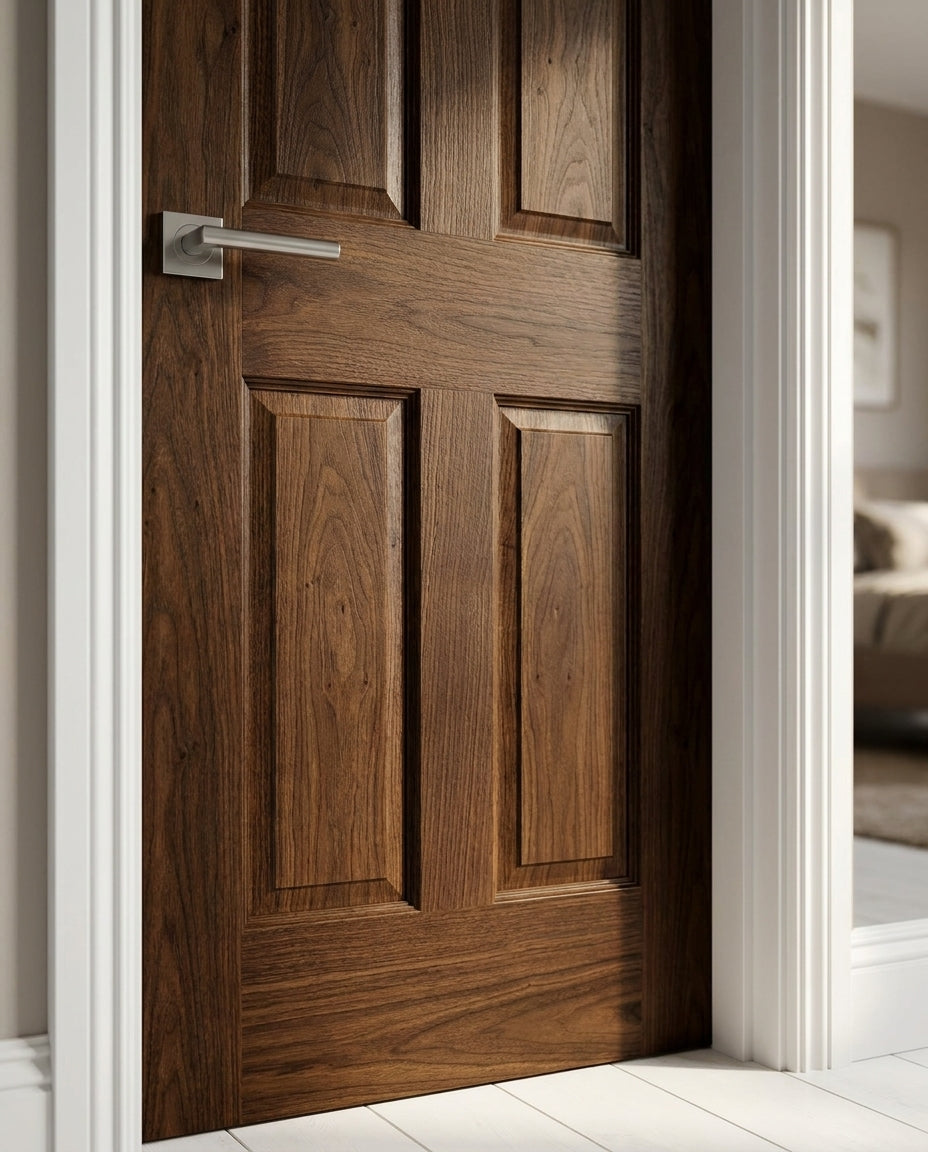 Internal 4 Panel Victorian Door, Fully Finished Walnut, Solid Core - detail view