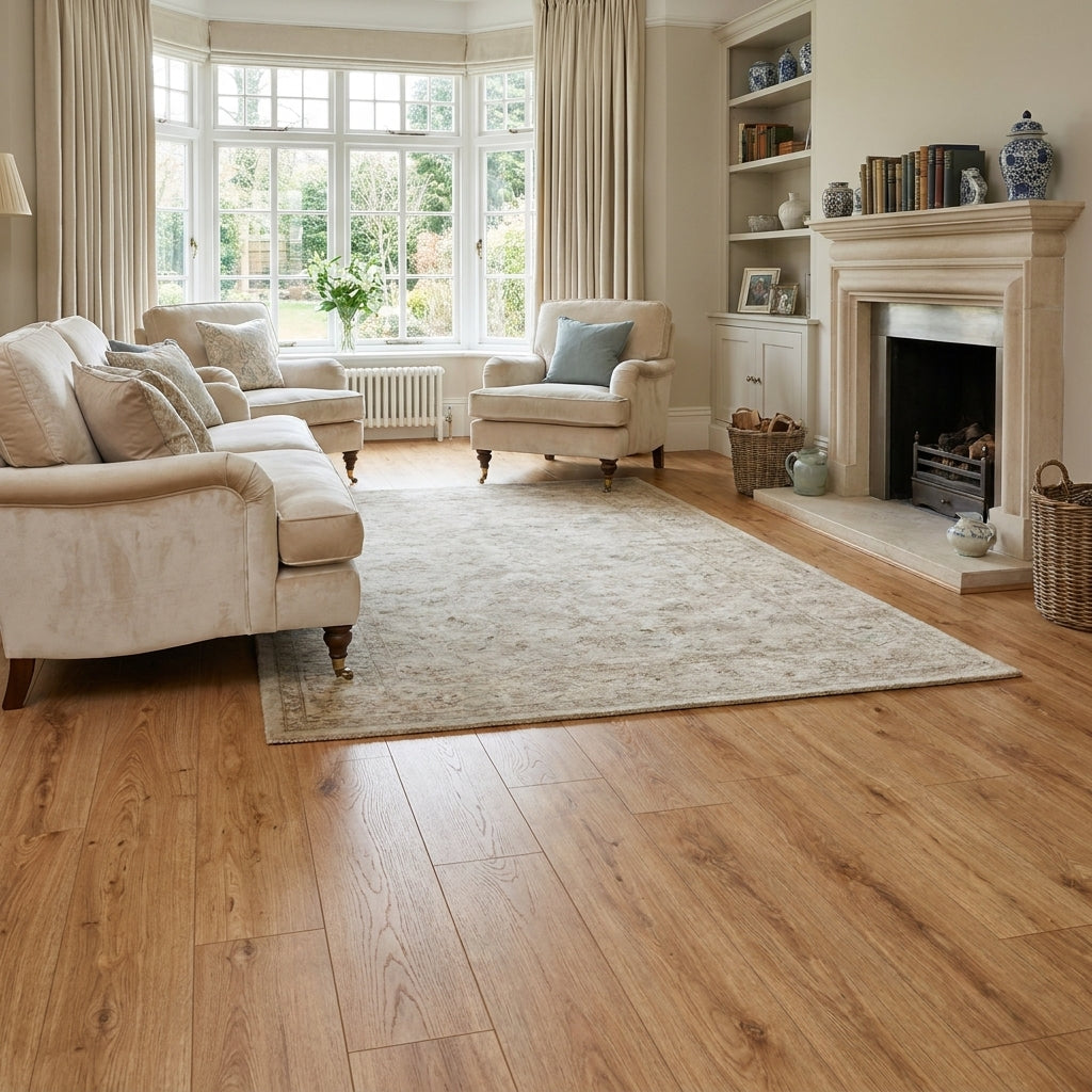Oak Laminate Flooring 8mm with 4v Bevel Edge, Water-Resistant, 1285 x 192 mm