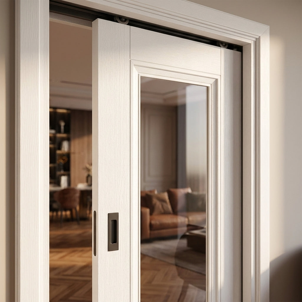 Internal Pocket Door Set with Clear Glass, White Primed, 1 Light, 100mm - detail view