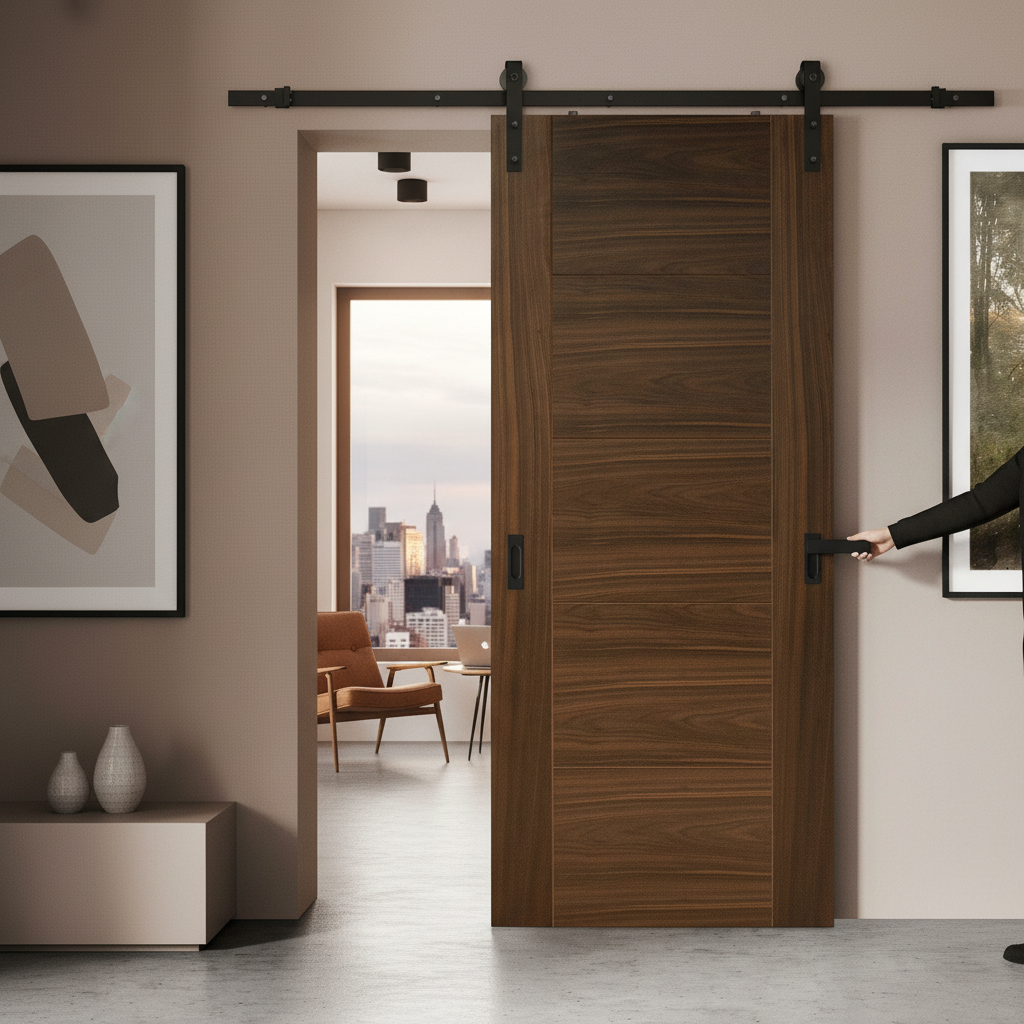 Premium Fully Finished Milano Sliding Door with Black Steel Track - Elegant Walnut Design and Five-Panel Style for Modern Interiors - Image 2