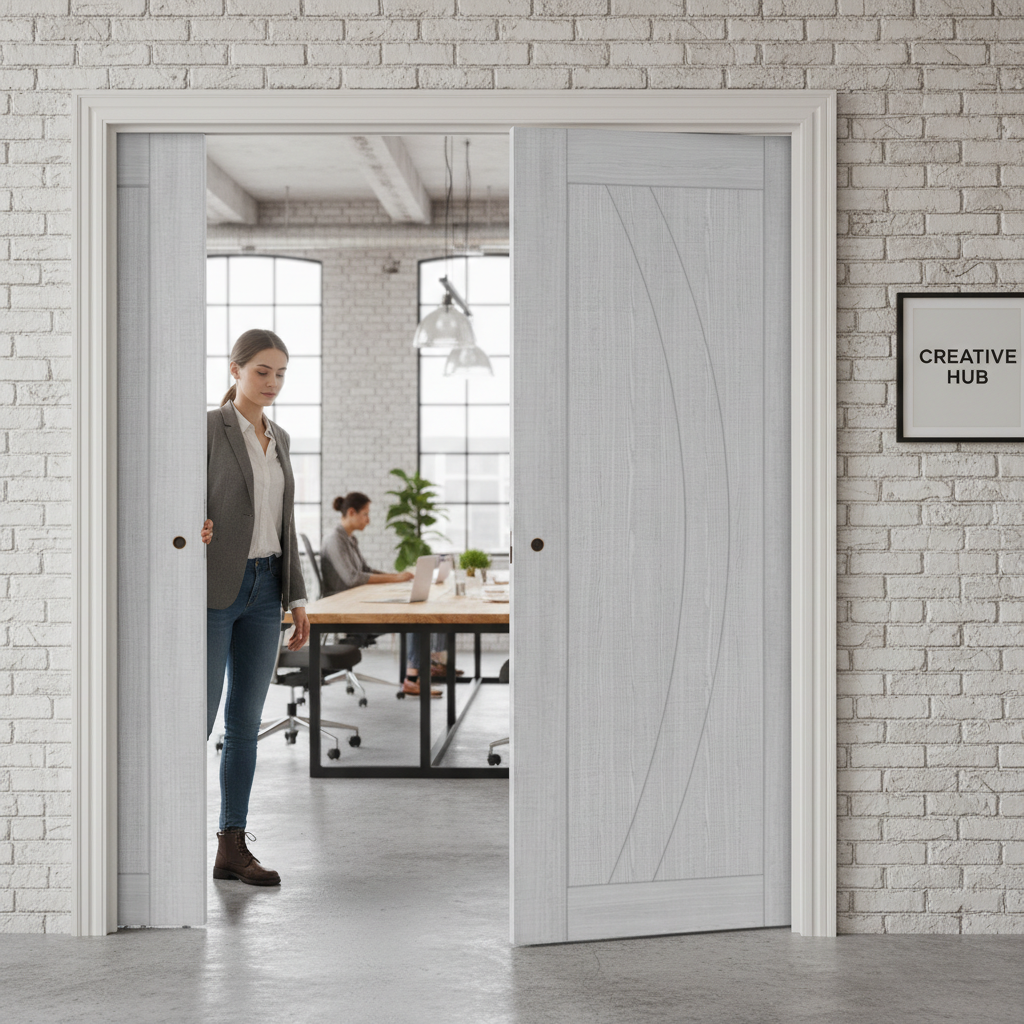 Premium Light Grey Double Pocket Door Set with Asymmetrical Design and Galvanised Steel Frame for Maximized Space Efficiency