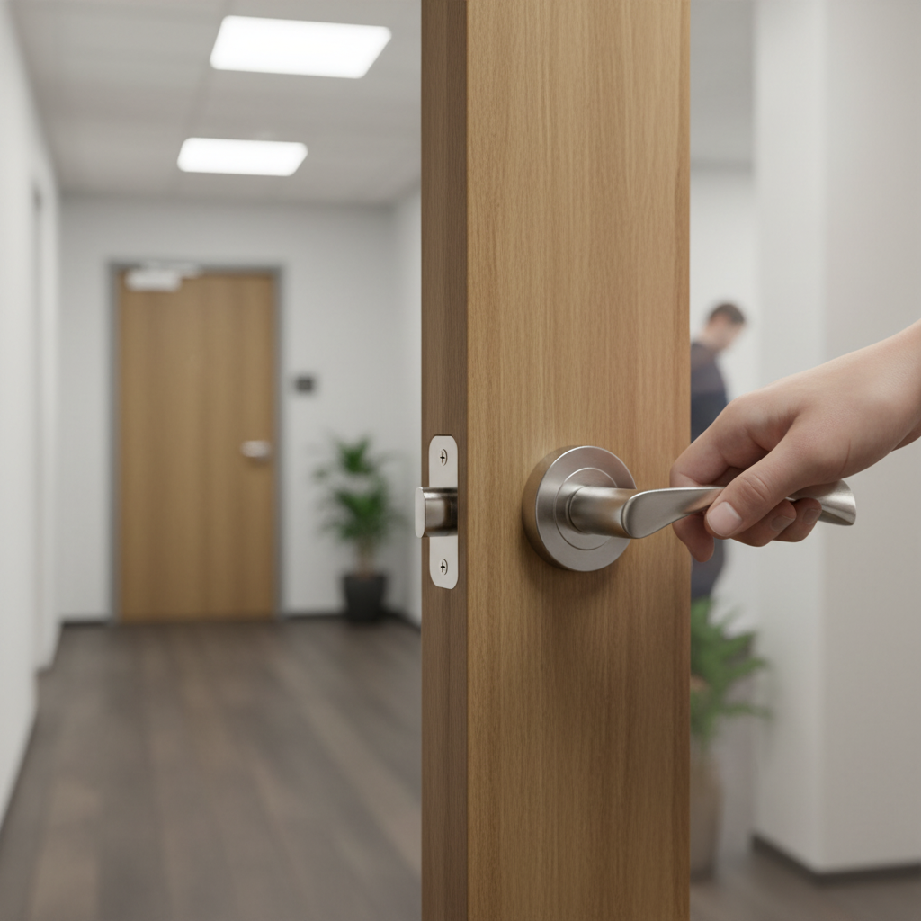 Round Rose Lever Fire Rated Handle Set - Satin Chrome with Bullet Latch and Ball Bearing Hinges - Image 2