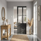 Internal Pocket Door Set 100mm Fully Finished Black 1 Panel 2 Light Clear Glass