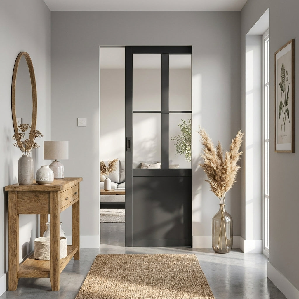 Internal Pocket Door Set 100mm Fully Finished Black 1 Panel 2 Light Clear Glass