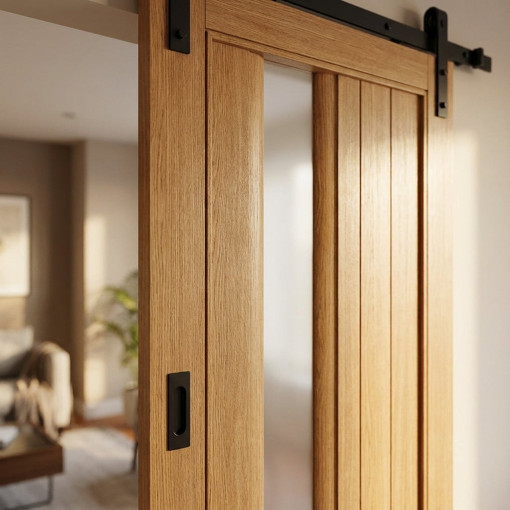 Oak Internal Sliding Door Unfinished with 1 Light Obscure Glass - detail view