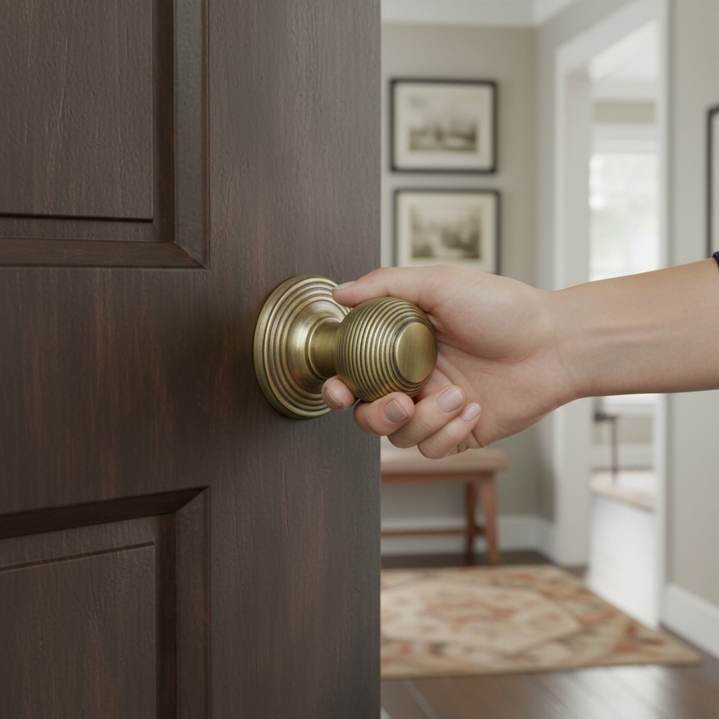 Round Reeded Mortice Door Knob with 50mm Round Rose in Antique Brass Finish for Traditional Doors - Image 2