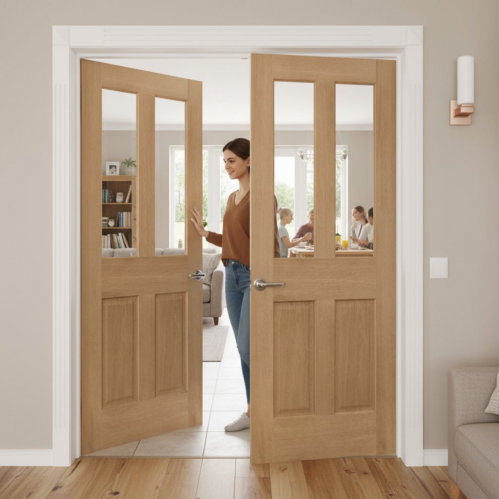 Premium Internal Oak Unfinished Traditional 2 Panel 2 Light Clear Bevelled Glass Pair Door for Elegant Interior Design - Image 2