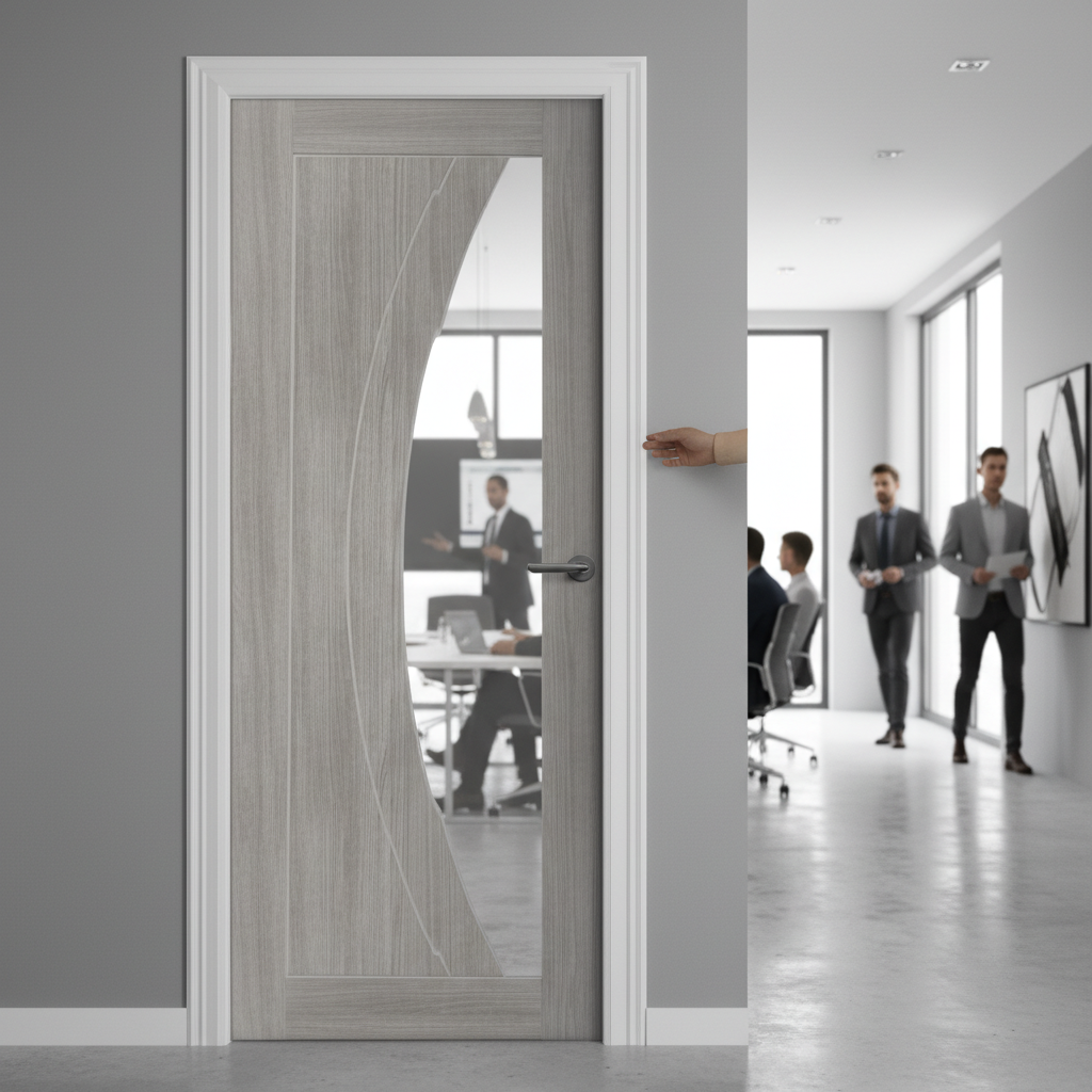 Premium White Grey Laminate Door with Clear Glass and Curved Grooves for Contemporary Design