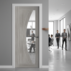 Premium White Grey Laminate Door with Clear Glass and Curved Grooves for Contemporary Design