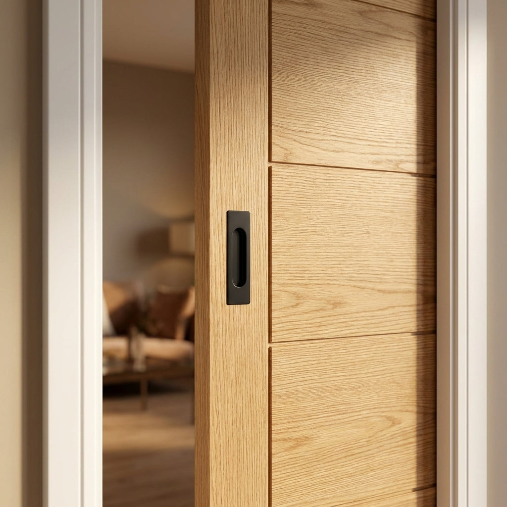 Internal Oak Pocket Door Set, 100mm, Fully Finished, Edison 7 Panel Design - detail view