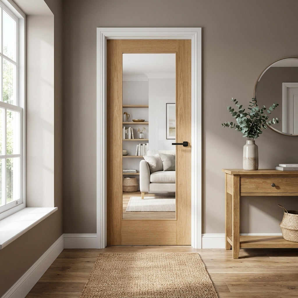 Internal Oak Door Unfinished with 1 Light Clear Glass 1981x762mm