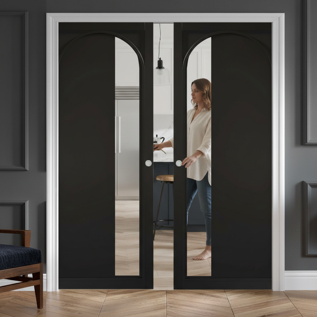 Premium Arched Double Pocket Door System - Durable Steel Frame and Soft Closing Features
