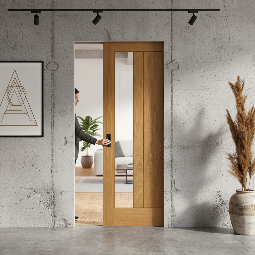 Premium Fully Finished Internal Pocket Door Set with Clear Offset Glass Panel for Space-Saving Elegance
