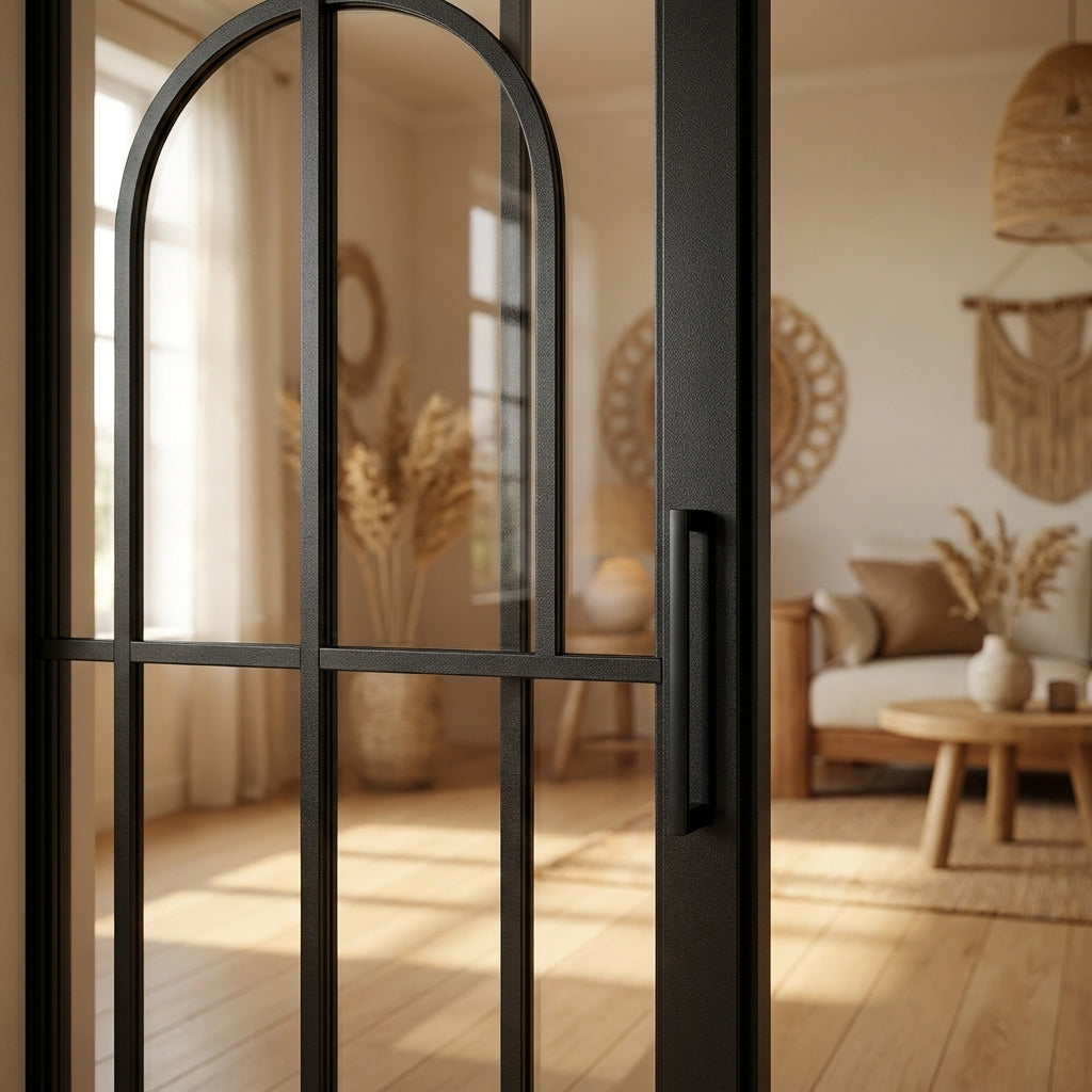 Internal 10 Light Jet Black Fully Finished Arch Industrial Studio Door - detail view