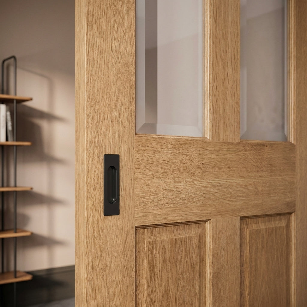 Internal Oak Sliding Door Unfinished Victorian 2 Panel 2 Light Clear Bevelled Glass - detail view