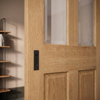 Internal Oak Sliding Door Unfinished Victorian 2 Panel 2 Light Clear Bevelled Glass - detail view