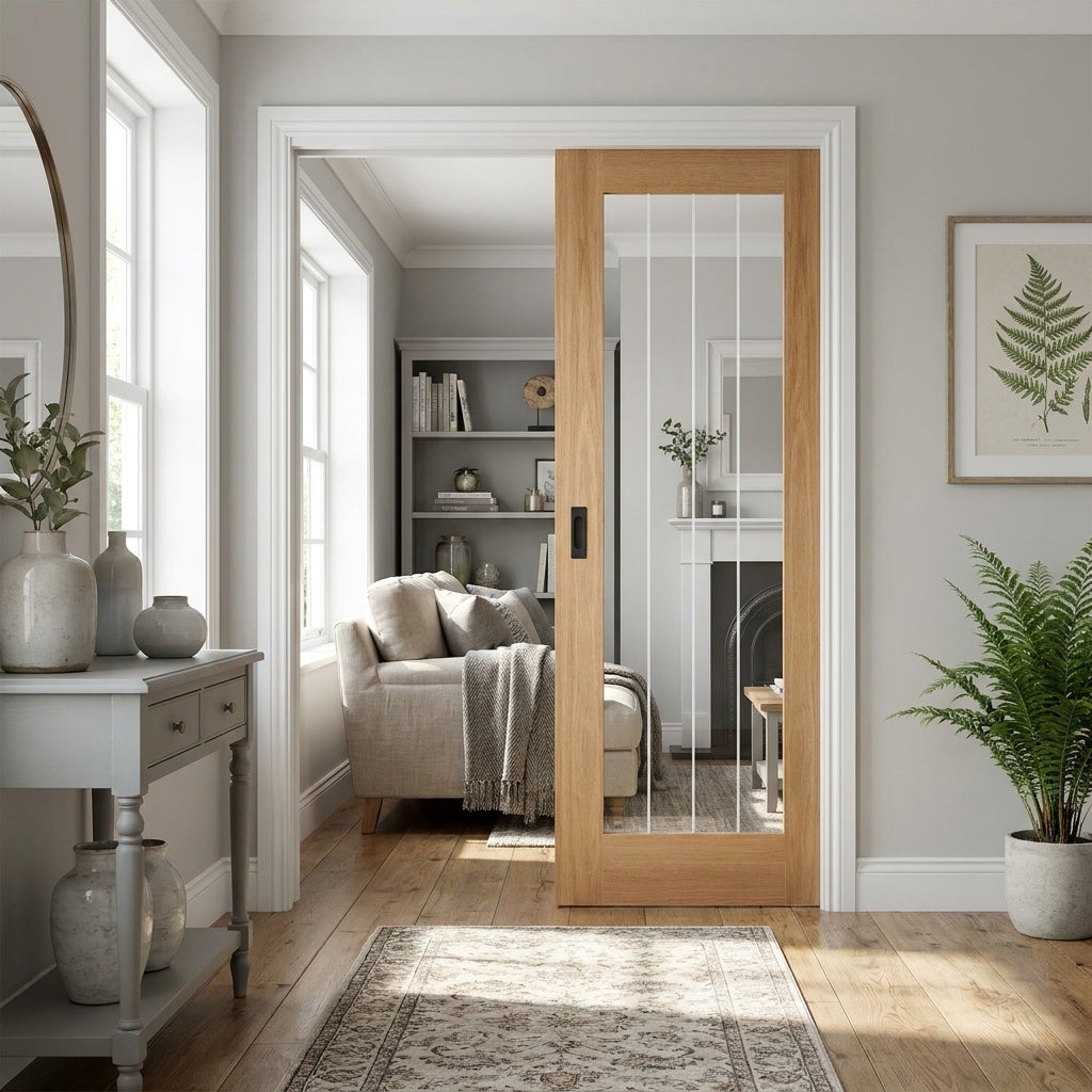 Internal Oak Pocket Door Set, Fully Finished, 1 Light Obscure Glazing, 100mm Frame