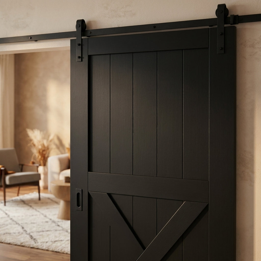 Black Internal Sliding Barn Door - 1 Panel X Brace, Primed Finish - detail view