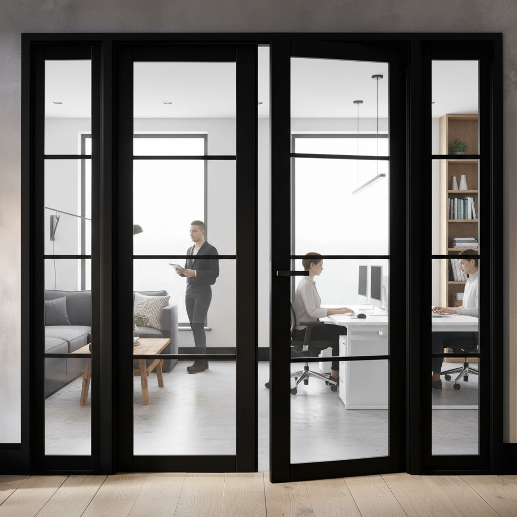 Premium Heavy Duty Room Divider with Clear Safety Glass, Black Finish, and Complete Assembly Kit for Elegant Space Separation