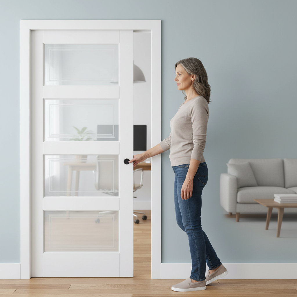 Premium Solid White Contemporary 4L Pocket Door Set with Galvanised Steel Frame and Frosted Glazed Panels