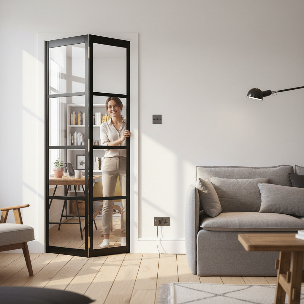 Premium Custom Made Industrial Style Bifold Door 80mm with Clear Glass Finish and Adjustable Track System