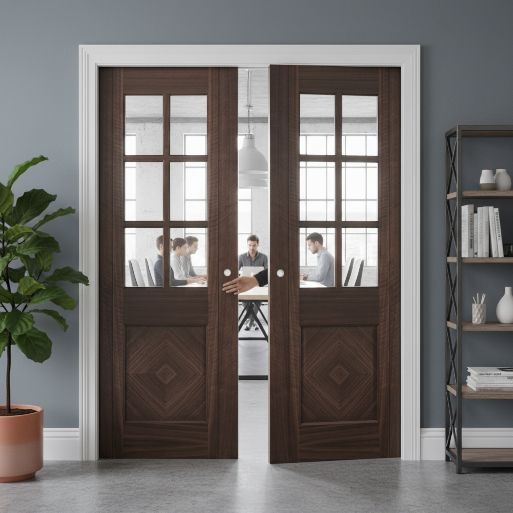 Premium Clear Glazed Double Pocket Door Set with Walnut Veneers and Galvanised Steel Frame for Elegant Interior Design