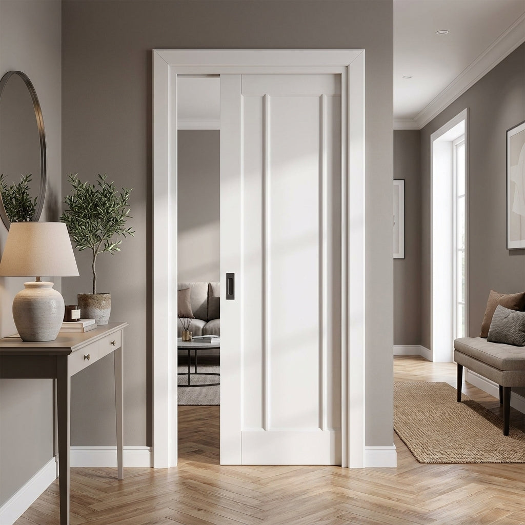 Internal Pocket Door Set, White Primed, 3 Panel Design, Solid Core, 100mm