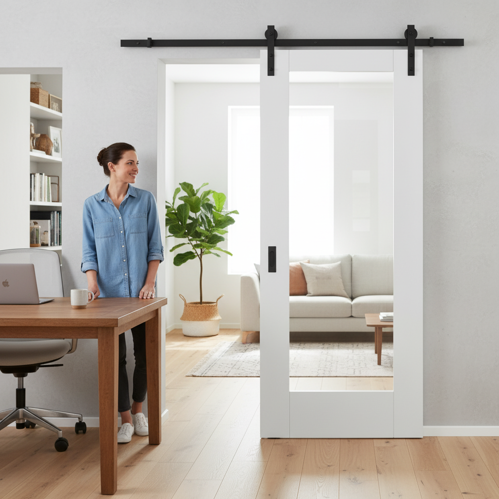 Premium Internal Sliding Door with Clear Glass Light Panel and Black Top Mounted Track for Modern Homes - Image 2