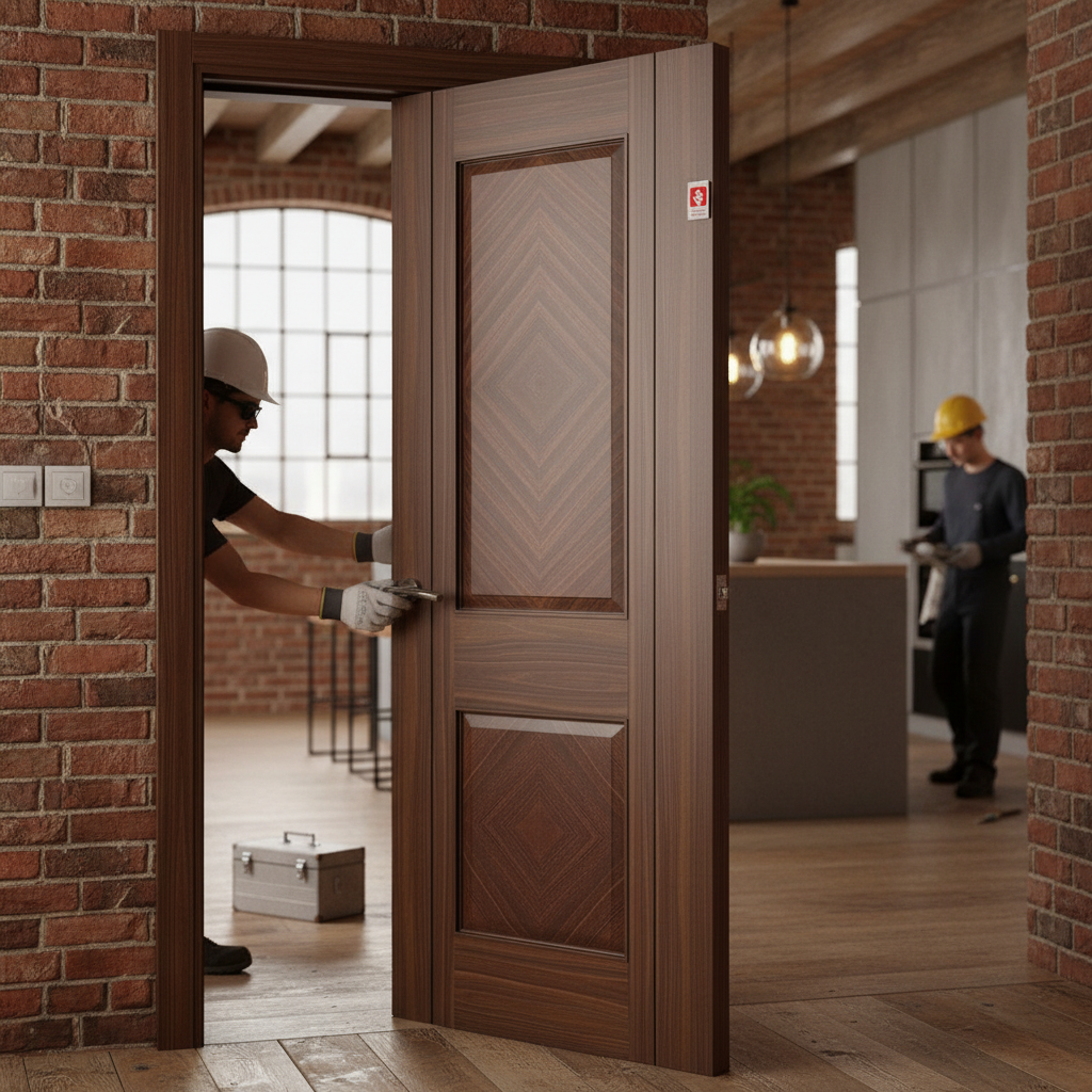 Premium Fully Finished Internal Walnut Fire Door with 30-Minute Certification and Diamond Pattern Veneers
