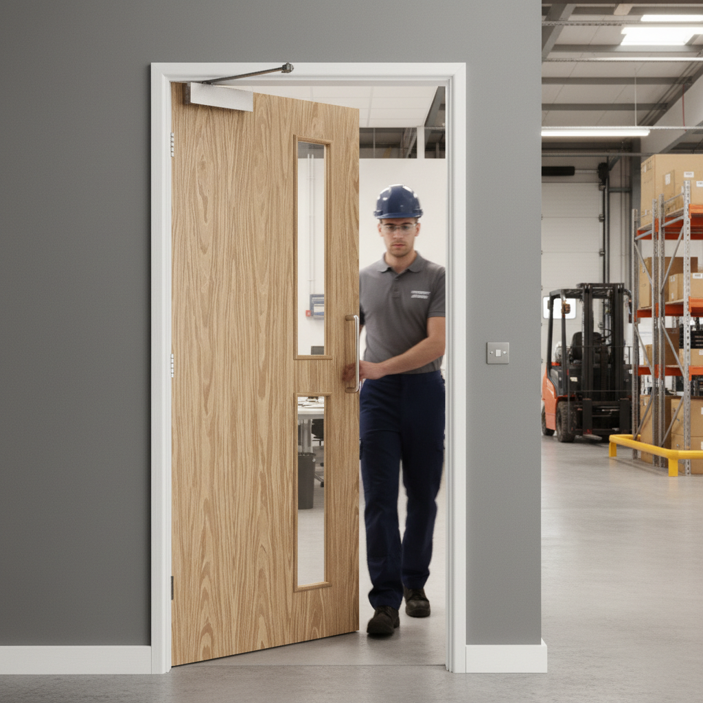 Premium Flush Oak 16G Fire Rated Door with Clear Glazing for 30-Minute Safety - High-Quality Professional Grade for Industrial and Commercial Appli...