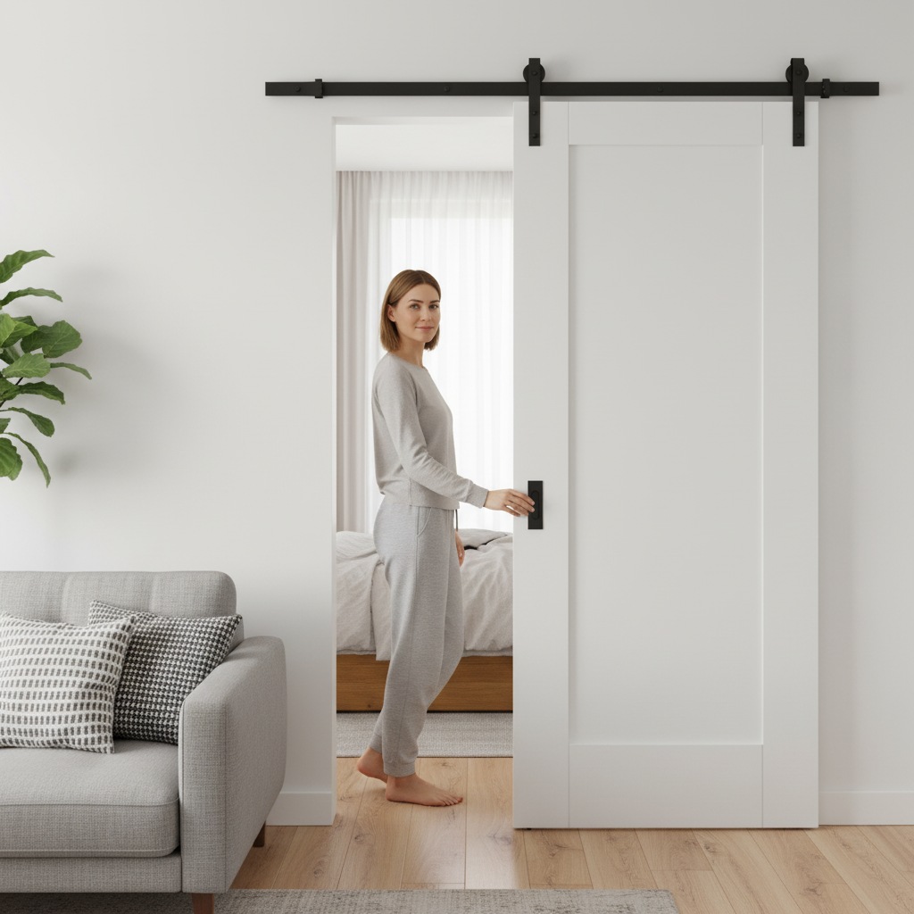 White Internal Primed Pattern 10 1 Panel Sliding Door with Black Top Mounted Track for Modern Elegance - Image 2