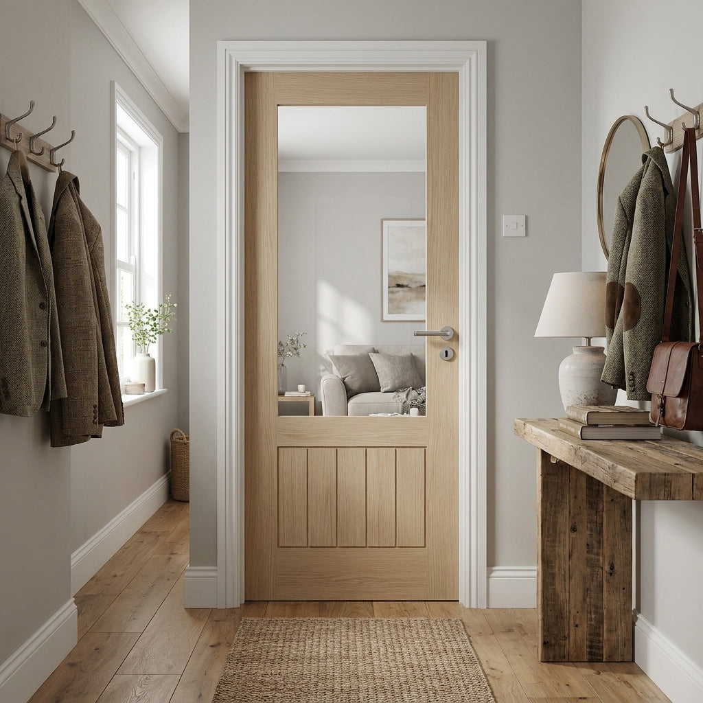 Ivory Fully Finished Internal Door with Clear Glass, Hollow Core, Farley Design