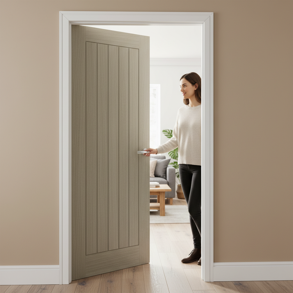 Premium Light Grey Internal Door with 5 Panels and Clear Glazed Safety Glass - Engineered for Strength and Stability