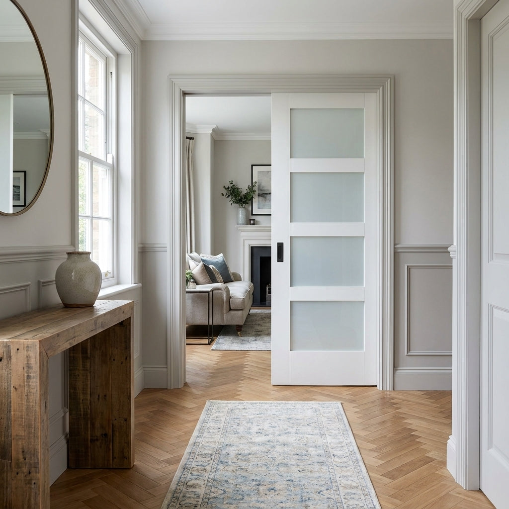 Internal Pocket Door Set, White Primed, 4 Light Obscure Glass, 100mm