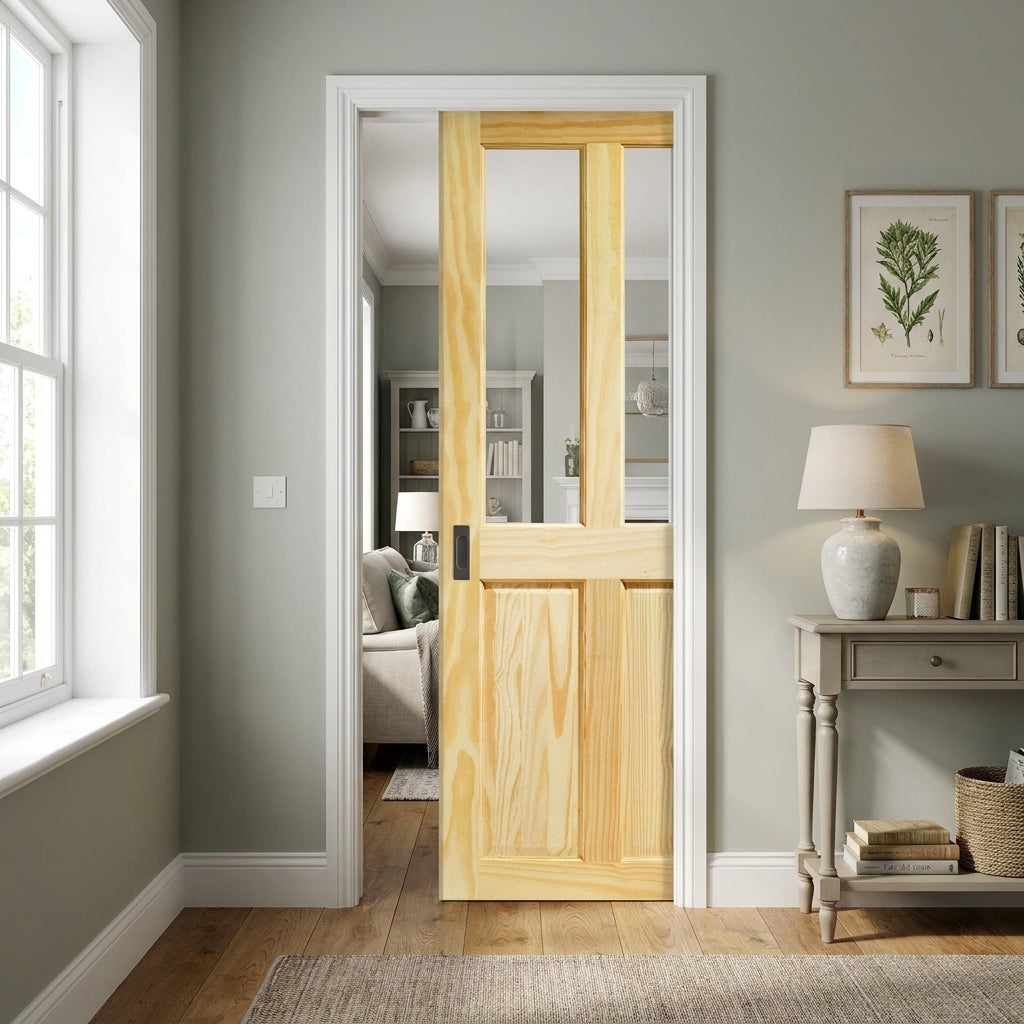 Internal Pocket Door Set Unfinished Clear Pine 2 Panel 2 Light Glass