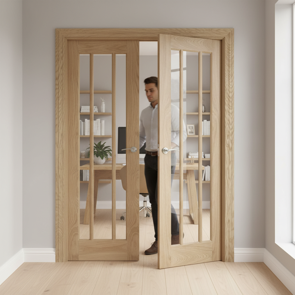 Premium Oak Glazed French Doors with Decorative Beading - Versatile Unfinished Design for Modern and Traditional Interiors
