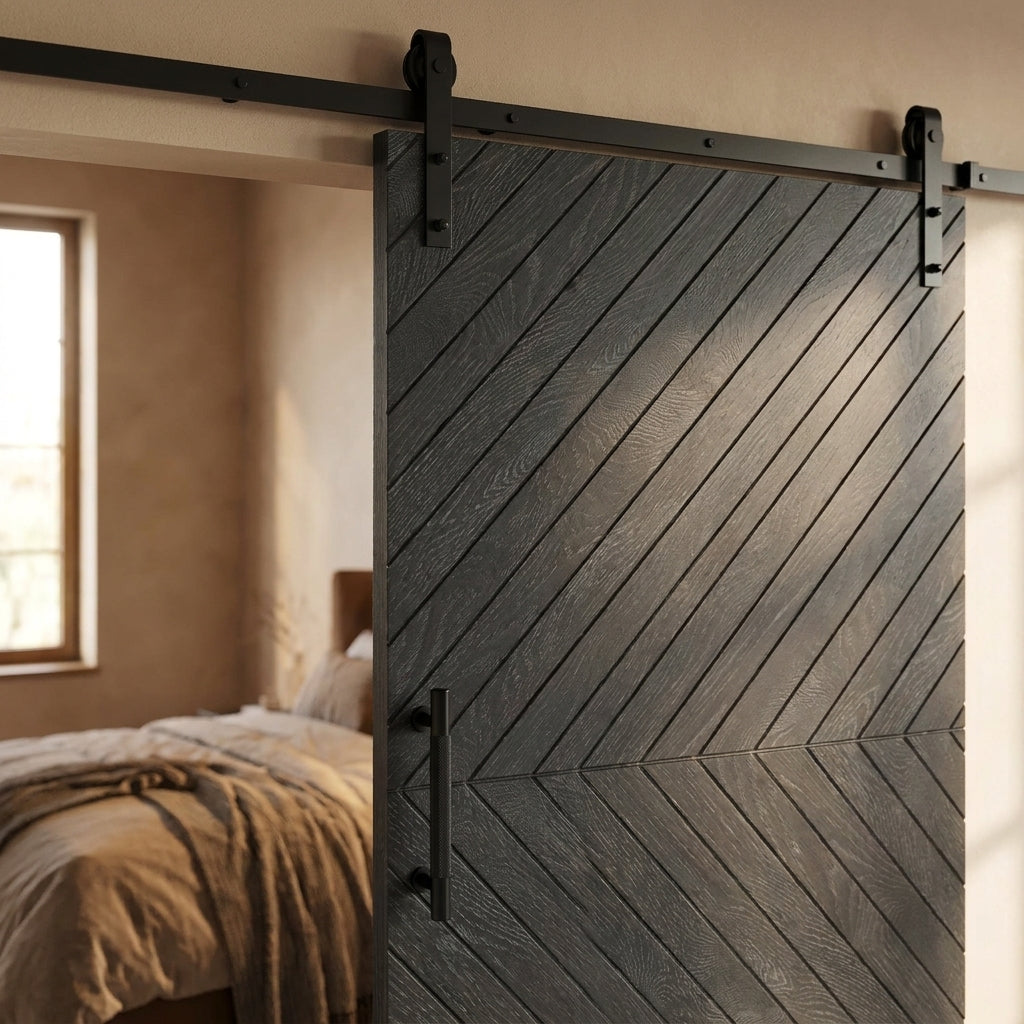 Internal Ash Grey Fully Finished Chevron Barn Door with Solid Engineered Core - detail view