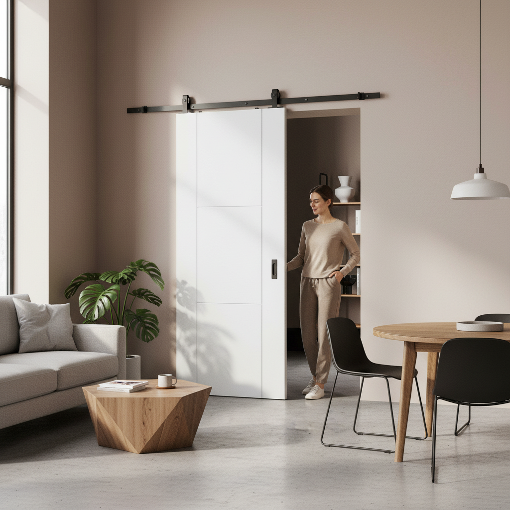 Premium White Internal Primed 3 Panel Sliding Door with Black Top Mounted System for Modern Home Aesthetics