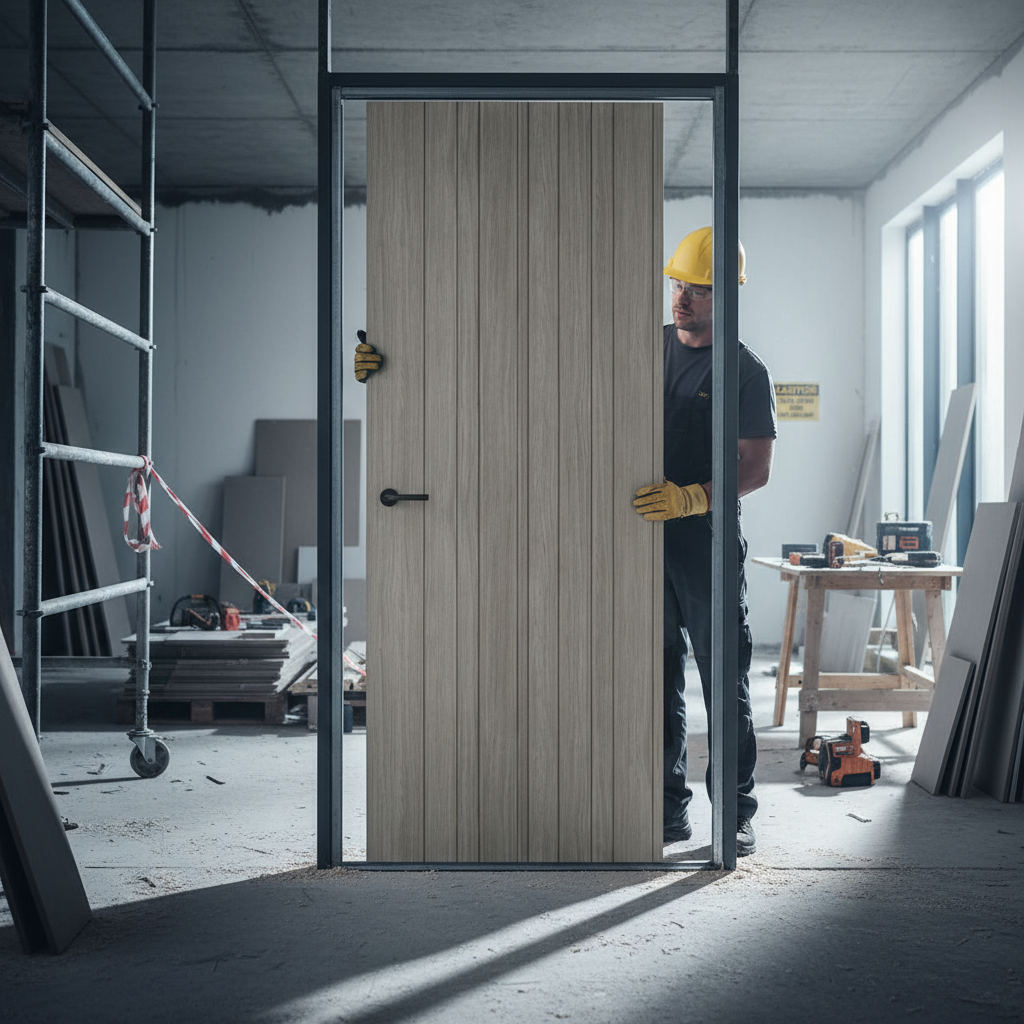 Premium Light Grey Laminate Fire Door with Vertical Grooves - Durable and Easy to Maintain