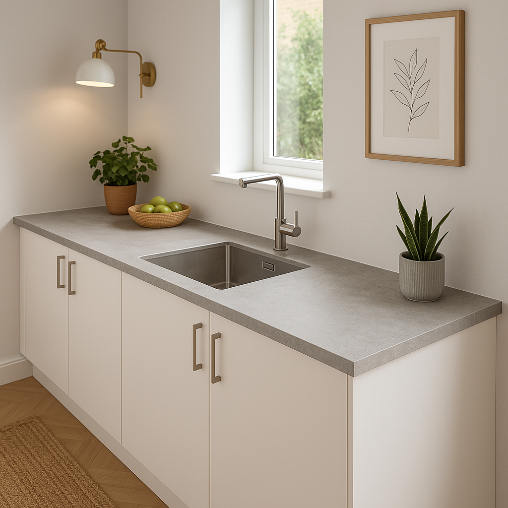 Compact Square Edge Laminate Worktop in Woodstone Gris, 3050mm x 650mm x 12.5mm