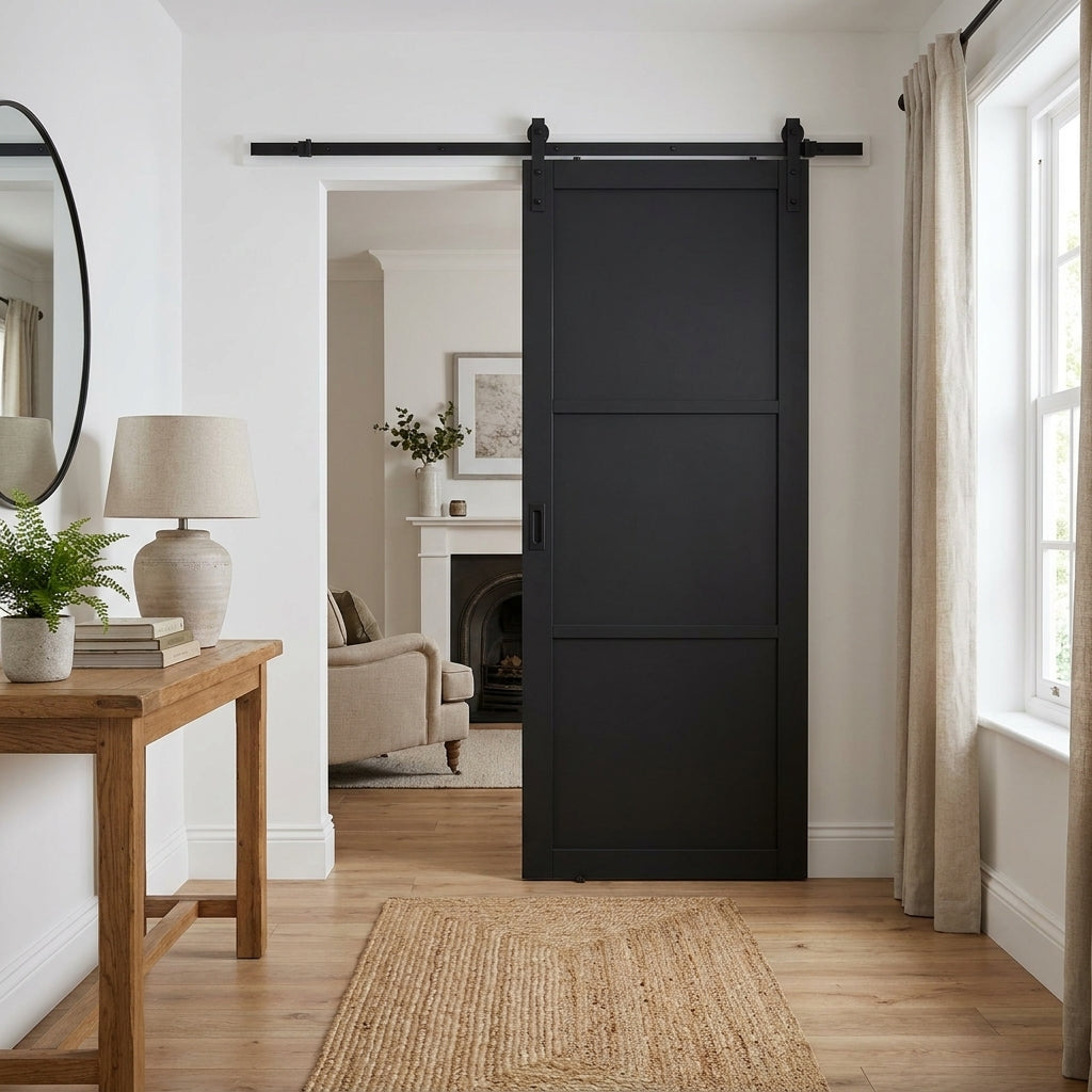 Internal 3 Panel Primed Door with Matt Black Top Mounted Track