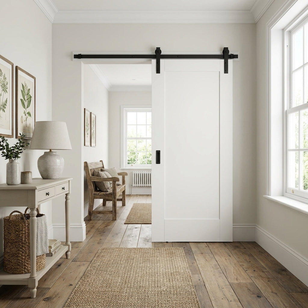 Internal Sliding Door, White Primed, 1 Panel Design, Solid Core, Black Top Mounted