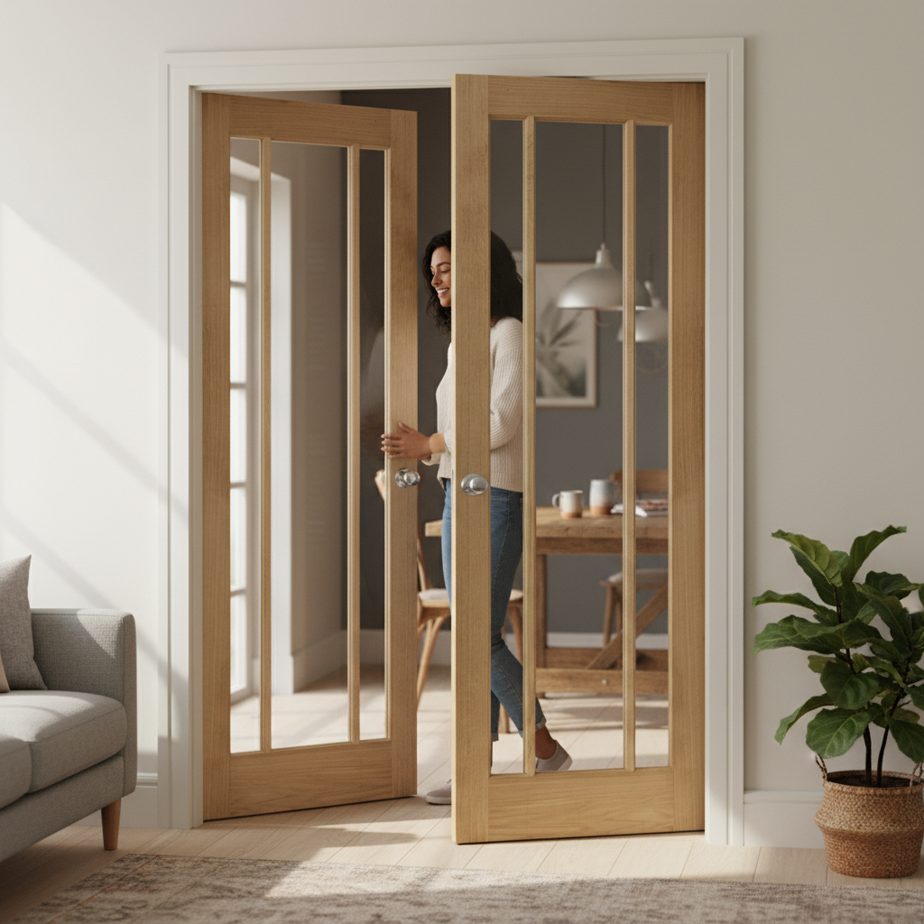 Premium Heavy Duty Oak Glazed French Doors with 3 Light Design and Clear Safety Glass for All Interiors